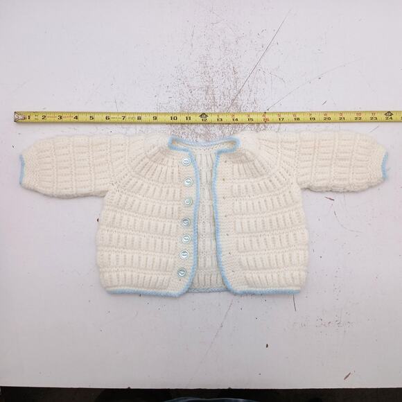Handmade Baby Sweater White Blue Knit Button Cardigan Infant Gift Unisex - Picture 4 of 9